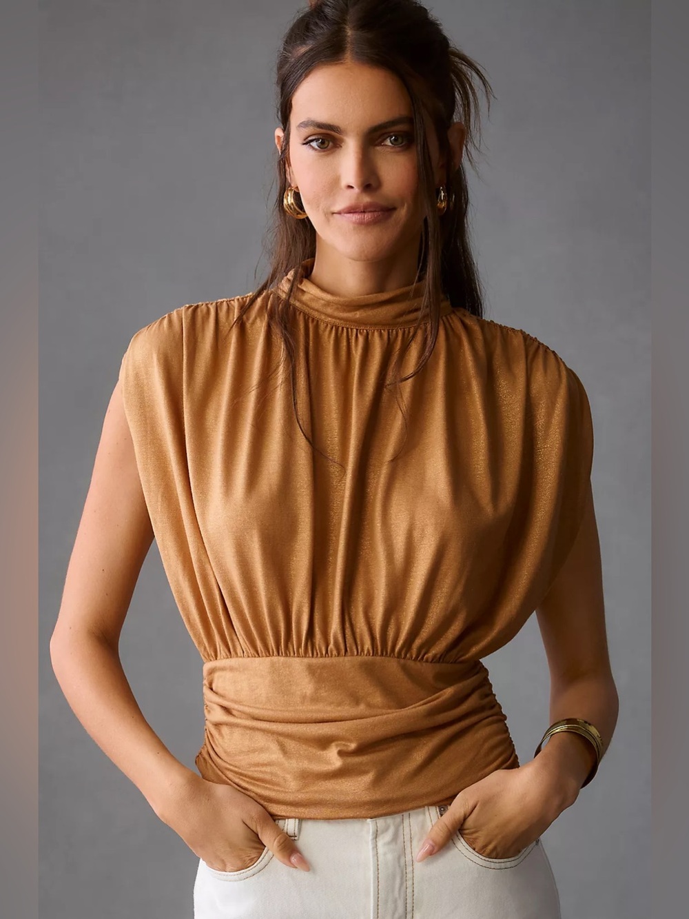 Anthropologie Metallic Camel Brown Sleeveless Blouson Top